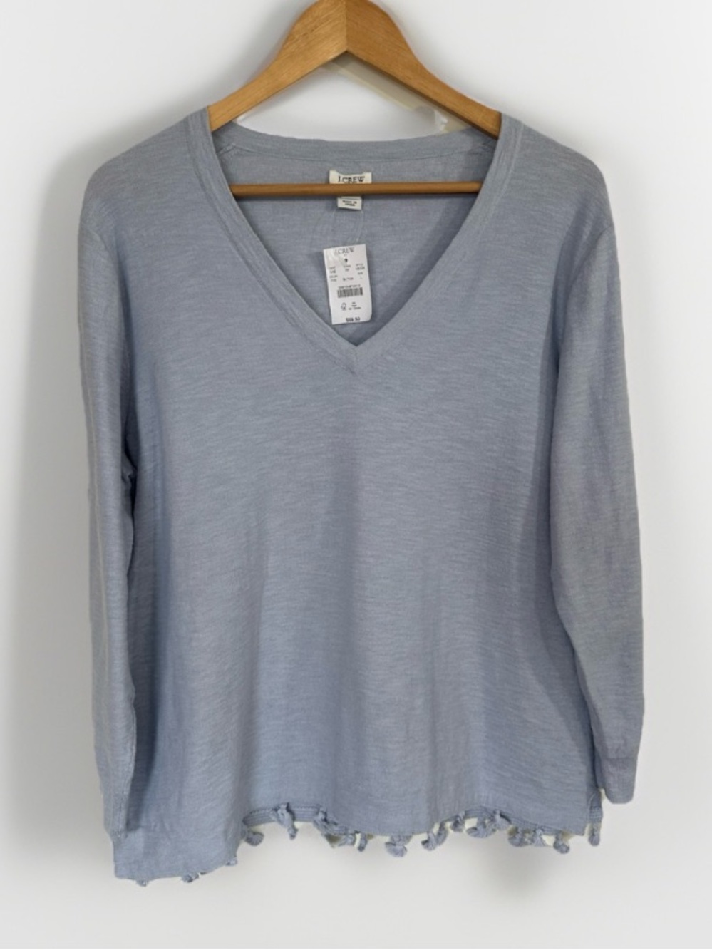J Crew Light Blue Tassel Trim Blouse Large V Neck Long Sleeve NWT